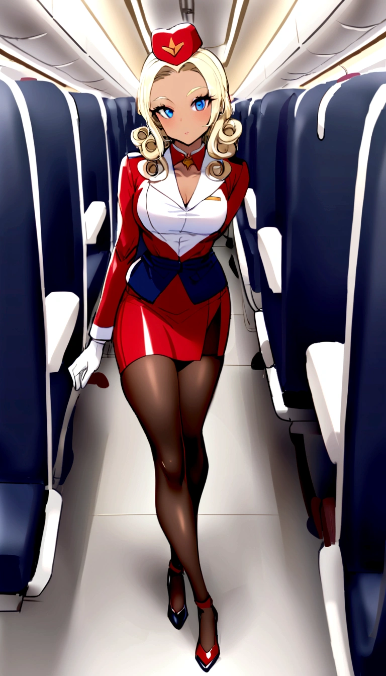 Beautiful blonde，standing on your feet，high-heels，The legs are long and white，curly, Blue eyes, suntanned skin, Wearing a flight attendant costume, On the plane, full bodyesbian, pantyhose