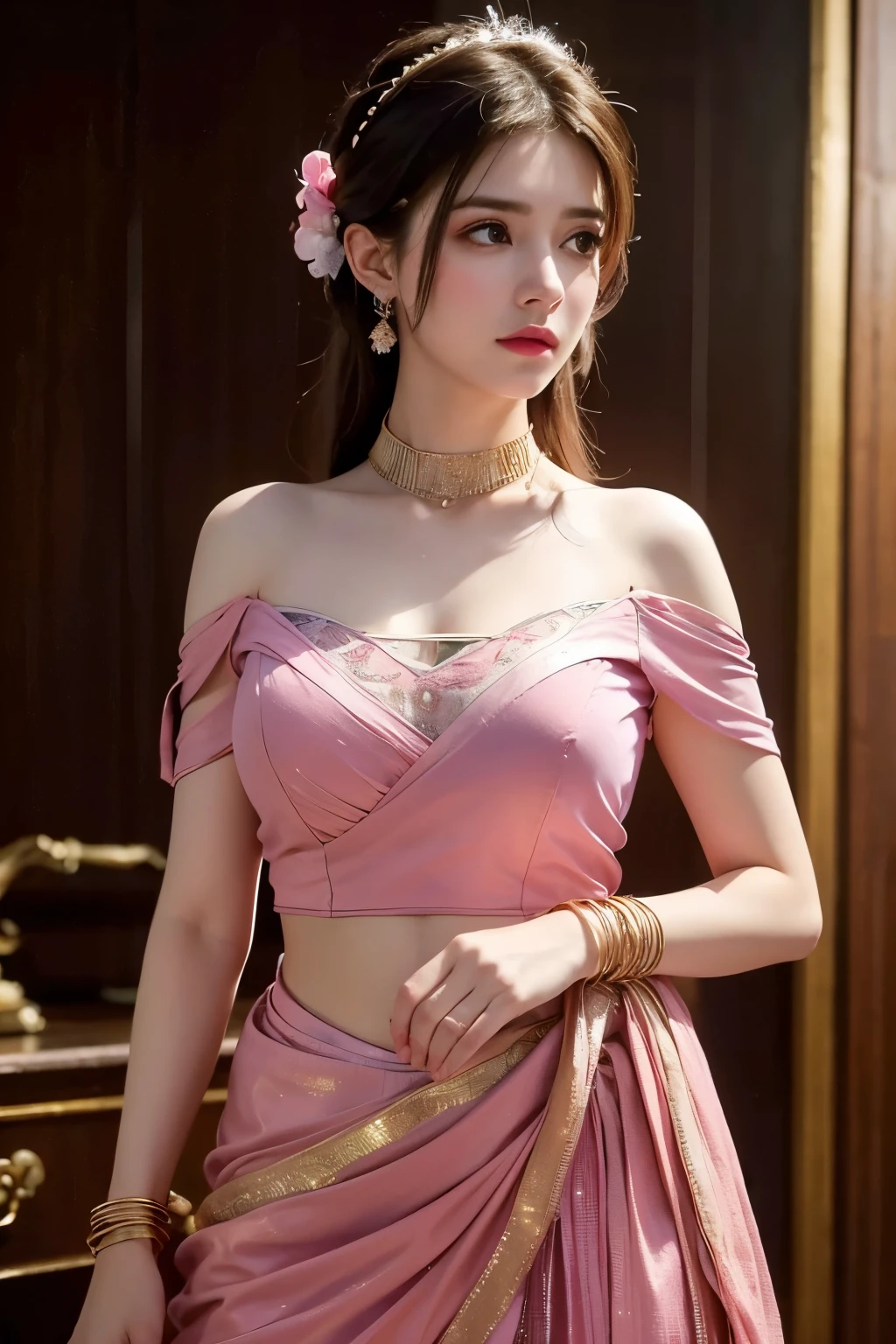 Best Quality, Masterpiece, Ultra High Resolution, (Realisticity: 1.4), Original Photo, 1girl, Pink Off-the-Shoulder, Cinematic Lighting indian dress 