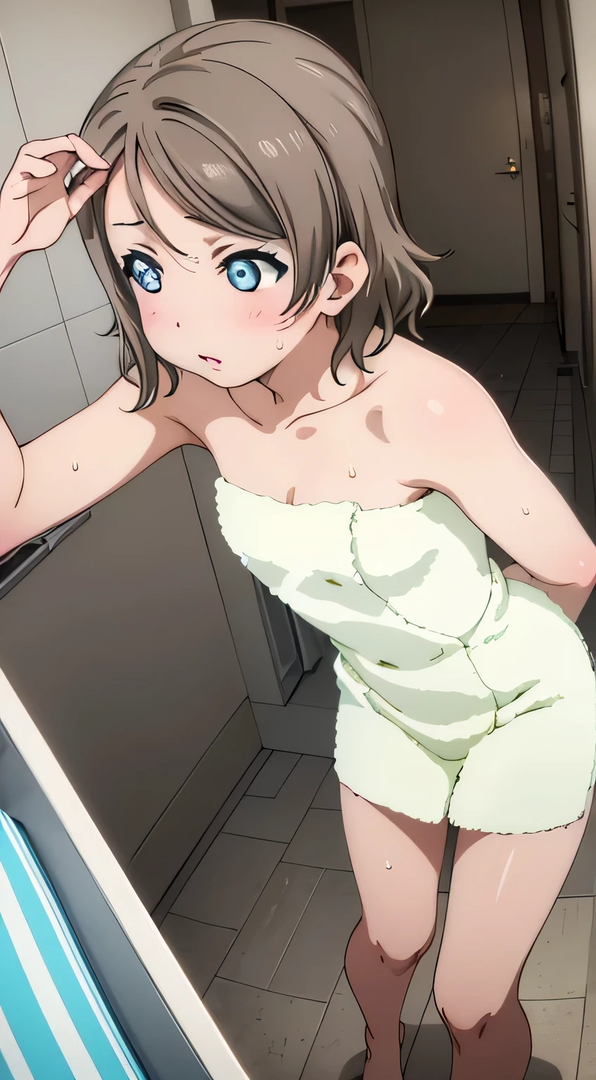 masterpiece, Highest quality, 8k wallpaper, alone, Watanabe Yo,nsfw, side view 1girl,looking away, (fisheye distorted lens:1.2), naked towel, in bath dressing room, steam fog, sweat, wet, armpits,
from above