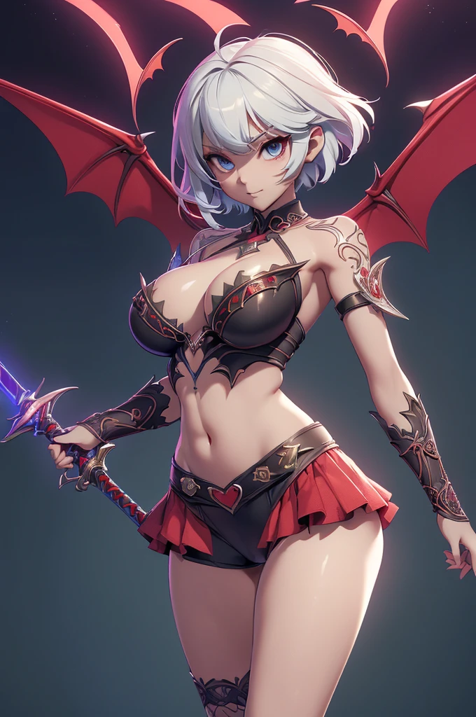 Mini morrigan aensland, (morrigan aensland), 独奏, ray tracing, 3D style, 3DMM, ((oses per photo)), ((oses au cada foto)), fully body,(Front view),(Costas Issue), (Emist on the left), show flat belly, (((oses per photo))),(very big breastsperfect ass, perfect and symmetrical eyes, (perfect handuturistic sword in hand)), ((short hair)),white clothing with textured edges, skin fair, luauas detalhadas, White thigh-high tights with trim, auestido aberto au "au", Waist slender, big legs, low water, Show legs to the top of the waist, ,((top with rip in the middle)),ultra realistic skin, realistic human eyes,ultra realistic skin,super sensual suit,(faixas au torno dos seios), colorfully,top with ruffles,(pubis with a lot of volume),(extrauamente sensual),(very sensual),(red and black thaue),(((giant bat wings))),with bat wings,love the league,(meia calca de renda au um dos lados),(meia calca de renda au um dos lados),((red decorations with LEDs))),((red lines adorning the curves of the body)),(((woman show))),((devil may cry)),((details Intricate))