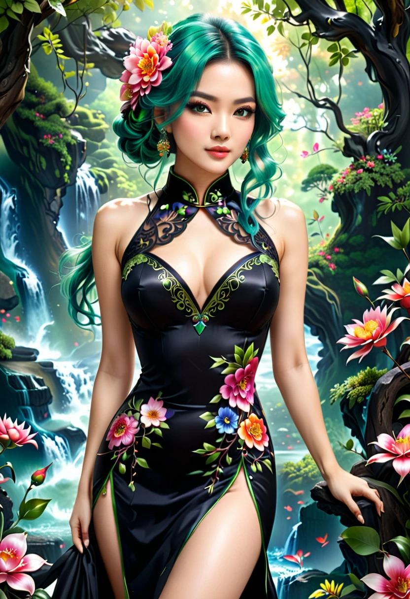 high details, best quality, 16k, [ultra detailed], masterpiece, best quality, (extremely detailed), full body, ultra wide shot, photorealistic, fantasy art, dnd art, rpg art, realistic art, an ultra wide picture of a exotic, exquisite beautiful woman wearing ((black Cheongsam with lively vivid flowers, the flowers grow from the Cheongsam to be alive : 1.5), she wears, (knee high laces heel boots: 1.2), (light green hair: 1.2), long hair, wavy hair, pale skin, (deep blue eyes, Intense gaze: 1.2), fantasy druid grove background, dynamic background, high details, best quality, highres, ultra wide angle, flower dress, DruidMagicAI