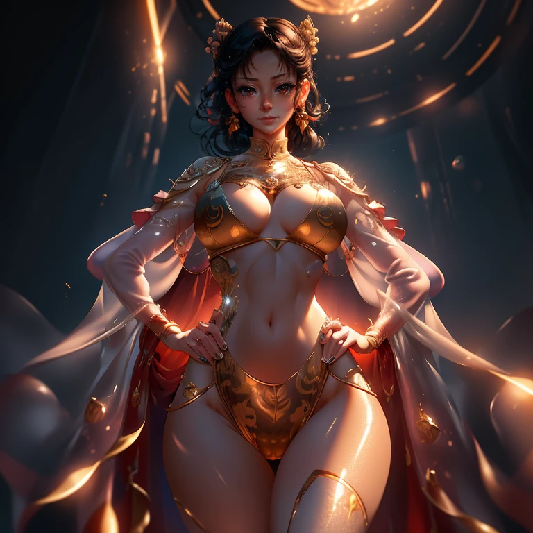 Detailed Image: A 4K 16:9 composition illustrating an immature (1.2), yet strikingly realistic (1.4) -yeld wo standing tall (3.5) with a tongue claw piercing. Her lips are delicately put together, with a navel piercing refracting dazzling light. The woman proudly showcases her toned abdominal muscles (0.7) and curves, accentuated by a camel toe (1.4). Her healthy, thin skin glows with a captivating look, double eyelid, and a jelly-like texture on her lips. Shine can be seen throughout her