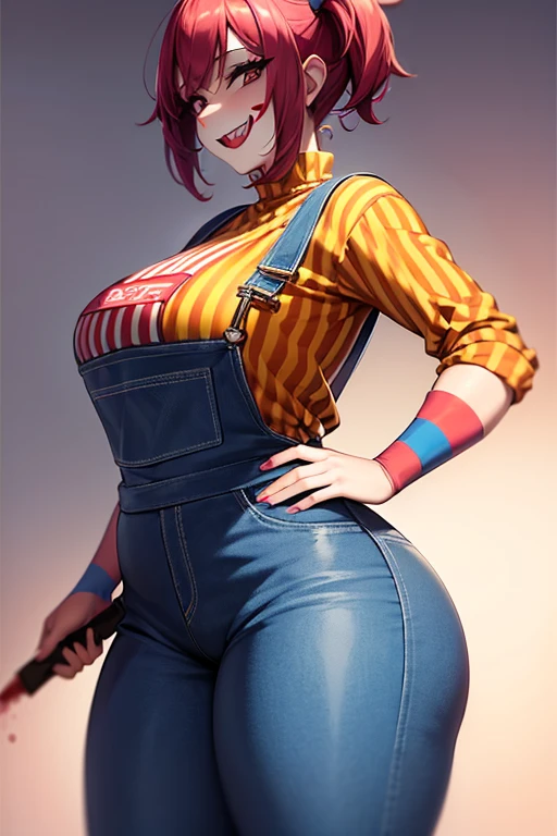 Woman dressed as a clown in overalls face painted like a clown with a big psycho smile and blood on her face with a knife in her hand and with a fat butt and chubby thighs