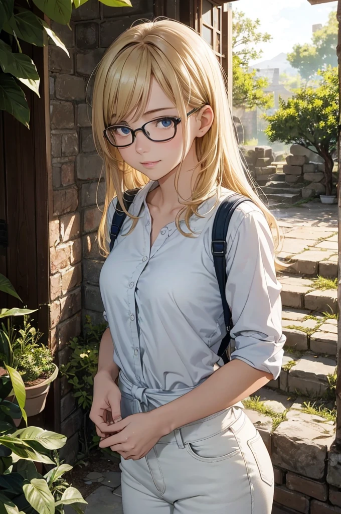 最high quality, high quality, High resolution, high quality texture, high quality shadows, High resolution, Beautiful details, Detailed CG, Detailed Texture, Realistic representation of face, Realistic, colorful, delicate, Cinematic Light, Side light, Lens flare, Ray Tracing, sharp concentrated, (1 Girl,concentrated:1.3), ( Intricate details, compensate, PureErosFaceV1:0.5), (細部まで美しいdelicateな顔, 緻密で美しいdelicateな瞳, Perfect Facial Proportions, Dense skin, Optimal ratio of four fingers to one thumb, Modest chest, Beautiful Hips, Smooth upper abdomen, blue eyes , glasses ,White shirt, Denim pants ,trekking shoes, , Backpack, ,buzzer, blue sky,adventure journey ,the gaze of true love, lips of temptation, A look full of compassion ,a smile full of love, Acting lovey-dovey, waist up, 35 years old, hiking,house wife,show off nipples under white shirt, air fortress hair, blonde hair,jordan,Petra Ruins