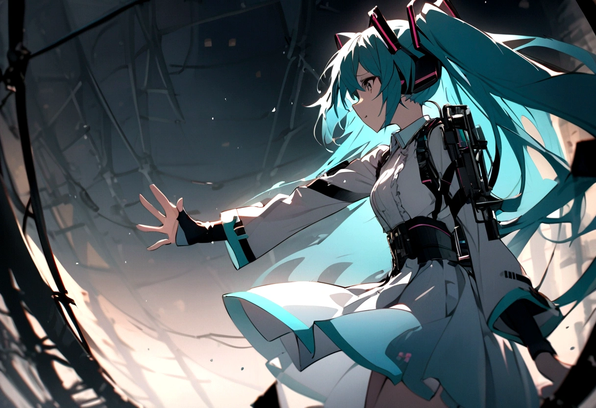 From the side、shout、sing、(((​masterpiece, hatsune miku, vocaloid, Super detailed、Digital Cage、Reaching out、Sad、shout、aloud、