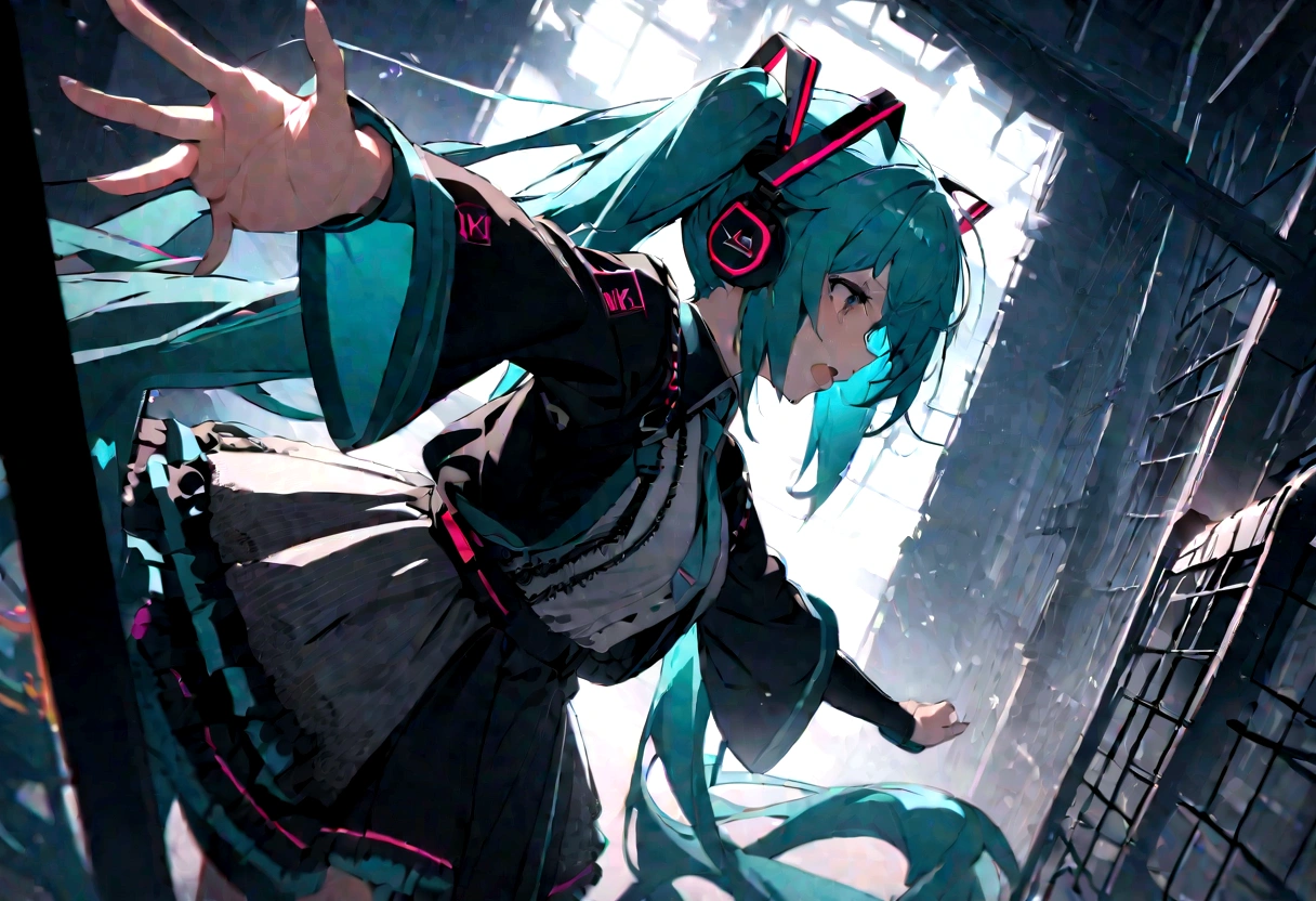 From the side、shout、sing、(((masterpiece, hatsune miku, vocaloid, Super detailed、Digital Cage、Reaching out、Sad、shout、aloud、