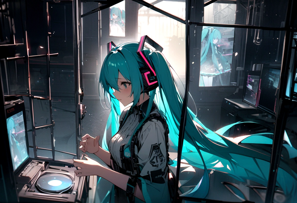 From the side、shout、sing、(((​masterpiece, hatsune miku, vocaloid, Super detailed、Digital Cage、Reaching out、Sad、shout、aloud、