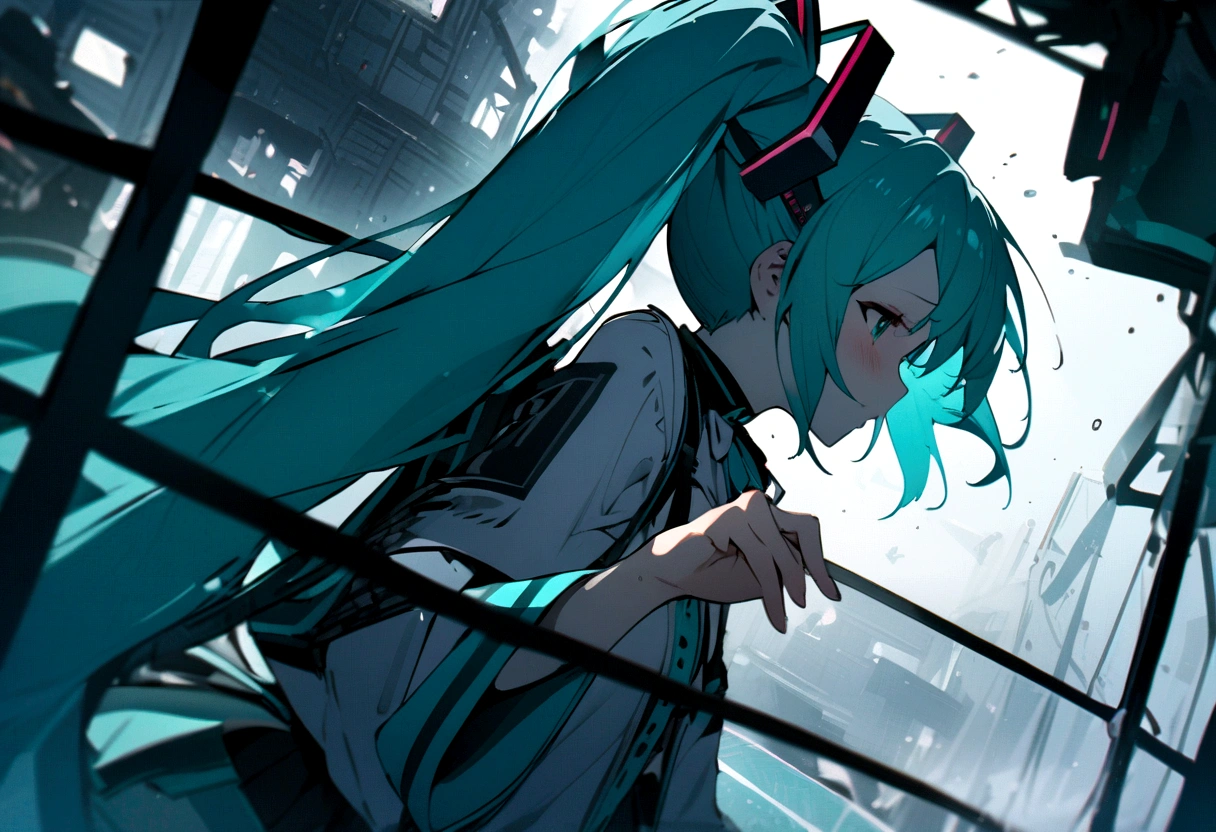 From the side、shout、sing、(((masterpiece, hatsune miku, vocaloid, Super detailed、Digital Cage、Reaching out、Sad、shout、aloud、