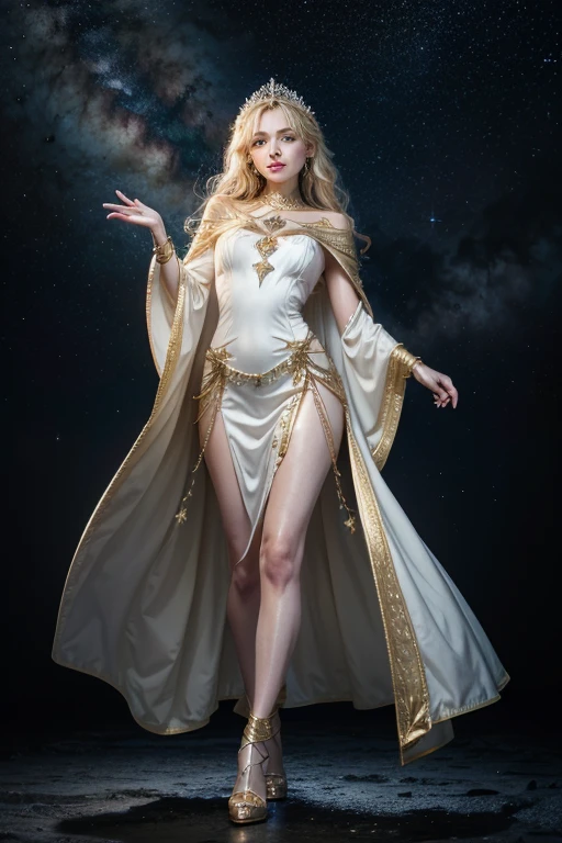 (masterpiece、Highest quality、High resolution、8K、16K)、((Alone in space、Beautiful Goddess、Standing posture、フローティング in the sky like a star))、(whole body)、Golden Cape、White long dress、No sleeve、Adorned with vibrant jewels、Gold Bracelet、Blonde medium long、Beautiful brown eyes、Elegant and detailed face、Graceful operation、Place one hand under your chest、Professional Lighting、The universe is full of light、Countless stars and nebulae、