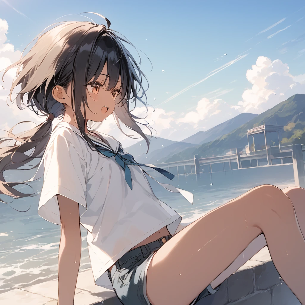 score_9, score_8_up, score_7_up, source_anime, best quality, masterpiece, official art, absurdres, highres, ultra-detailed,waifu2x,Collection: Slice of Life,break,1girl, tomboy, dark-skinned female, short hair, low ponytail, flat chest,  beautiful detailed eyes, short shorts, sweat, open mouth, (yawn:0.3), sleepily, outdoors, wind, break,(clear line illustration:1.2),very high resolution, very aesthetic, super detailed skin, Best sexual lighting powered by famous artist, 8k,cute picture,beauty illustration,photoshop_(medium),,(Detailed Lighting),best anime 8k konachan wallpaper, pixiv contest winner, 