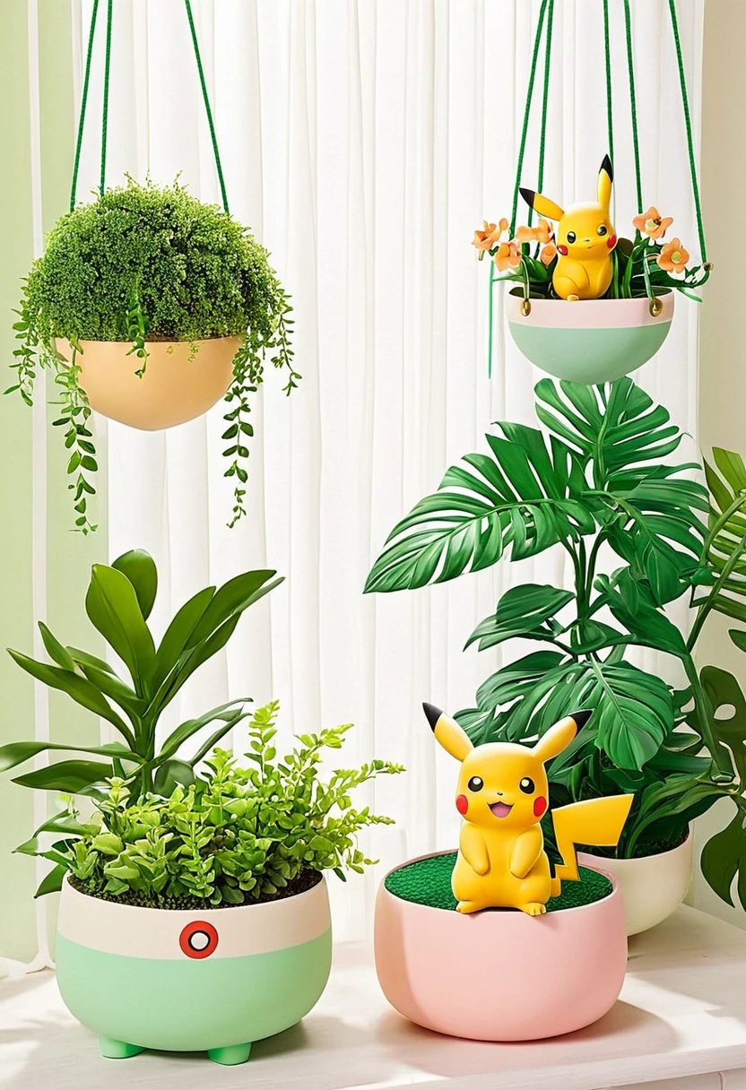 cozy scene featuring hanging planters with adorable Pokémon, adding elements of Pikachu. The planters should be filled with lush greenery and colorful flowers. Include Pikachu comfortably resting in one of the planters, alongside other Pokémon like Celebi and Snivy. Use soft pastel colors and whimsical details to enhance the charm. The background should have subtle stripes with shades of green and peach, maintaining a warm and inviting atmosphere