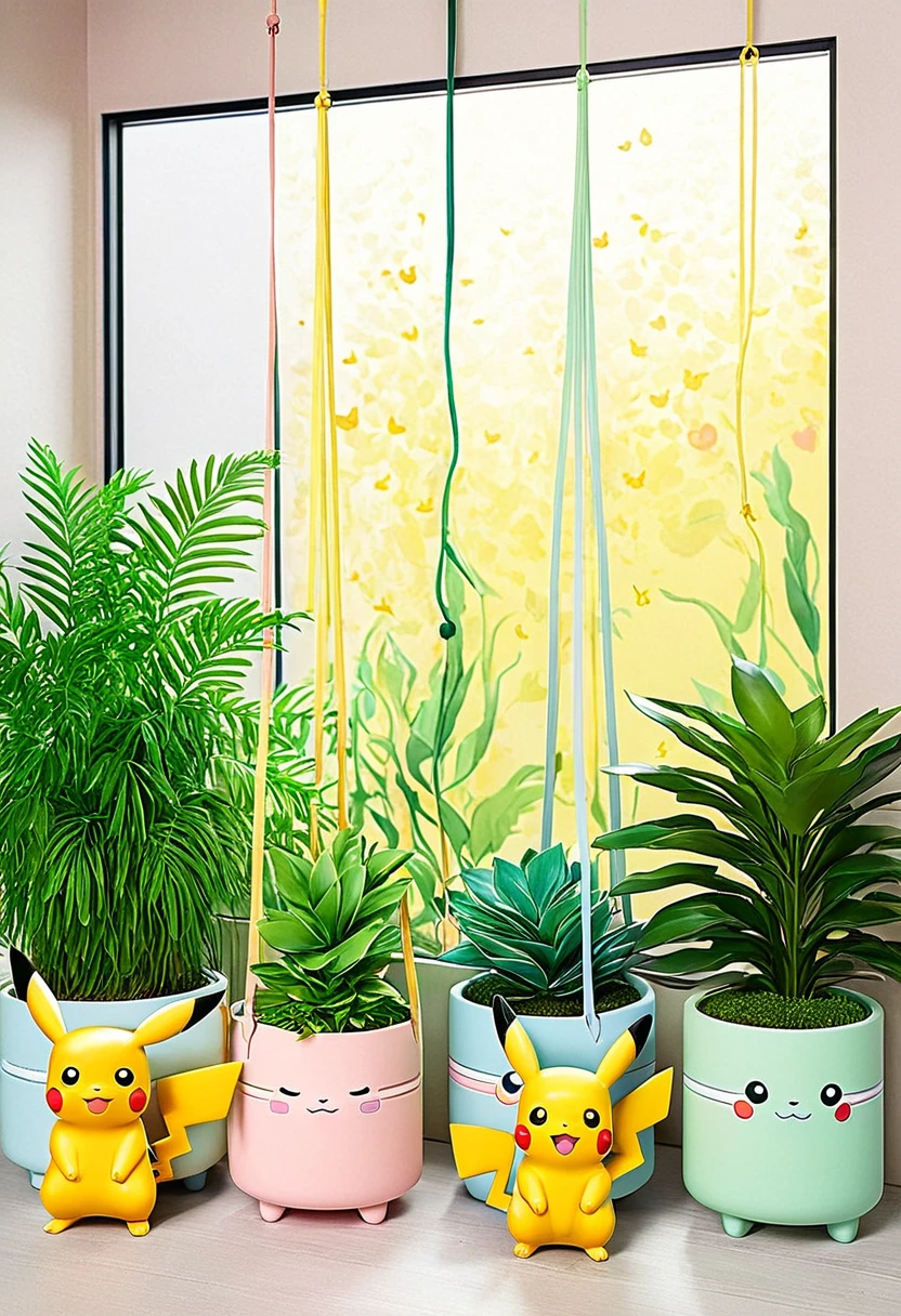 cozy scene featuring hanging planters with adorable Pokémon, adding elements of Pikachu. The planters should be filled with lush greenery and colorful flowers. Include Pikachu comfortably resting in one of the planters, alongside other Pokémon like Celebi and Snivy. Use soft pastel colors and whimsical details to enhance the charm. The background should have subtle stripes with shades of green and peach, maintaining a warm and inviting atmosphere