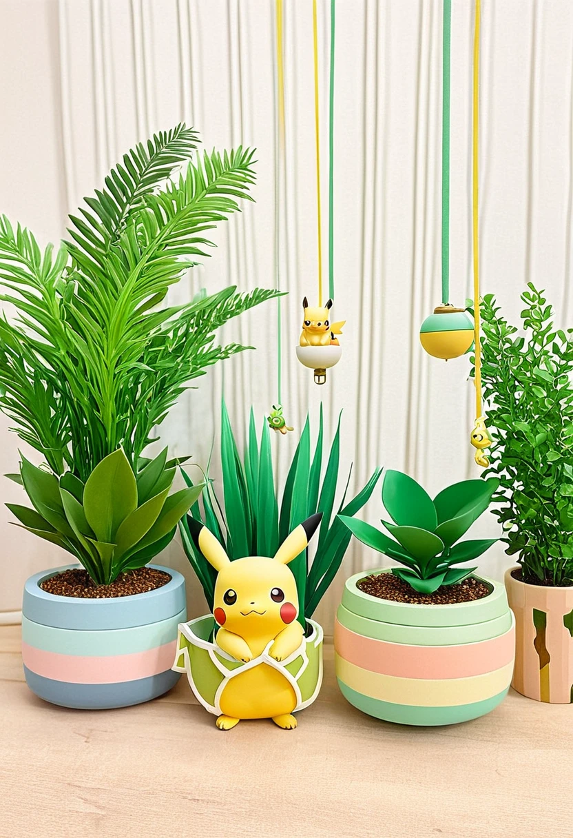 cozy scene featuring hanging planters with adorable Pokémon, adding elements of Pikachu. The planters should be filled with lush greenery and colorful flowers. Include Pikachu comfortably resting in one of the planters, alongside other Pokémon like Celebi and Snivy. Use soft pastel colors and whimsical details to enhance the charm. The background should have subtle stripes with shades of green and peach, maintaining a warm and inviting atmosphere