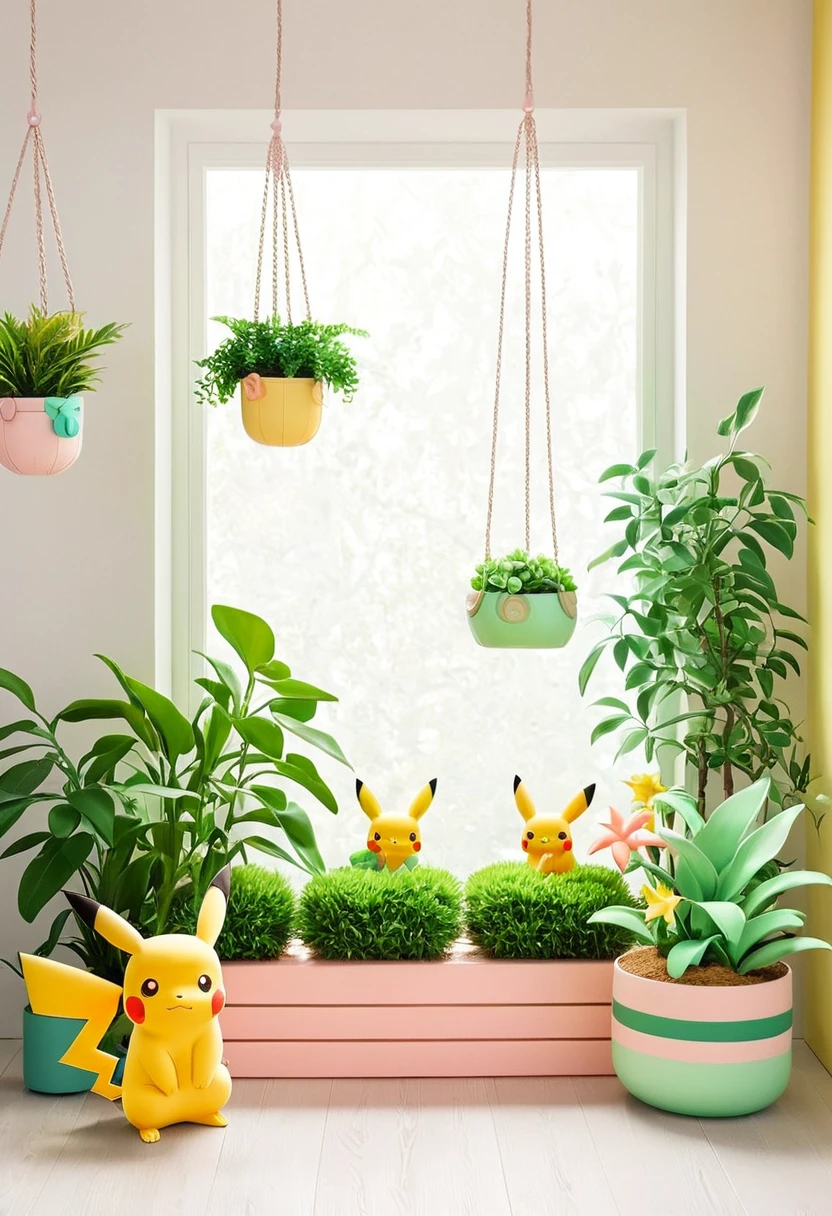 cozy scene featuring hanging planters with adorable Pokémon, adding elements of Pikachu. The planters should be filled with lush greenery and colorful flowers. Include Pikachu comfortably resting in one of the planters, alongside other Pokémon like Celebi and Snivy. Use soft pastel colors and whimsical details to enhance the charm. The background should have subtle stripes with shades of green and peach, maintaining a warm and inviting atmosphere
