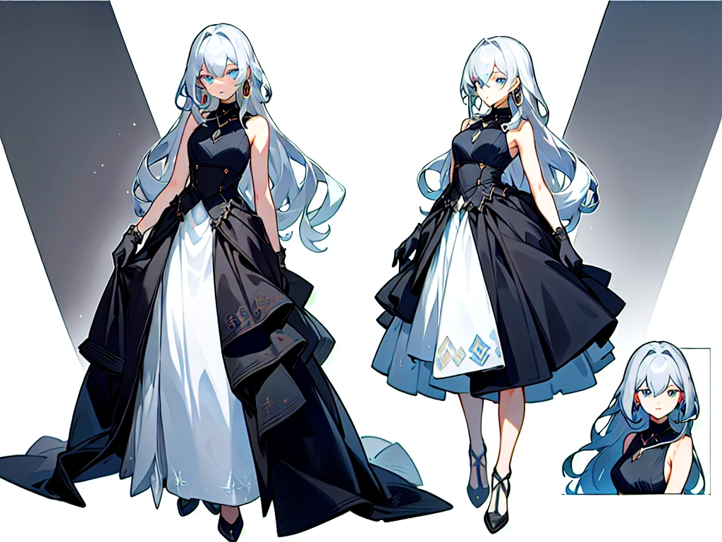 masterpiece: 1.6, best quality: 1.4, Live Image: 1.2, Intricate details: 1.2, charturnerv2: 1.2, 1lady Full body role change,
appearance: : 1.25, Thin: 1.3, Light blue eyes, Medium breasts, Delicate eyes, High-quality eyes,
CloThing: Black sleeveless dress, Black gloves accessories: Simple hoop earrings, Black necklace, hair上的小花,
hair: Silver Hair, Long hair, Half Curly Hair,
cosmetic: Nature, Glowing skin,
(Single background, White background: 1.3), multiple views, multiple views of the same character in the same outfit: 1.3.