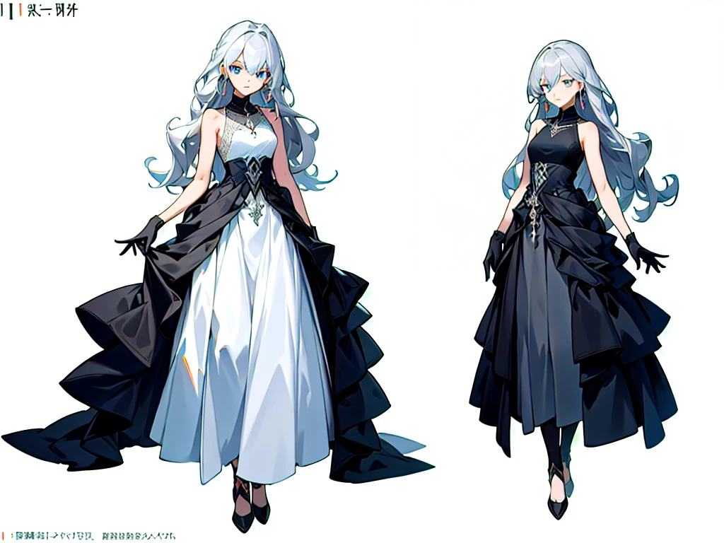 masterpiece: 1.6, best quality: 1.4, Live Image: 1.2, Intricate details: 1.2, charturnerv2: 1.2, 1lady Full body role change,
appearance: : 1.25, Thin: 1.3, Light blue eyes, Medium breasts, Delicate eyes, High-quality eyes,
CloThing: Black sleeveless dress, Black gloves accessories: Simple hoop earrings, Black necklace, hair上的小花,
hair: Silver Hair, Long hair, Half Curly Hair,
cosmetic: Nature, Glowing skin,
(Single background, White background: 1.3), multiple views, multiple views of the same character in the same outfit: 1.3.