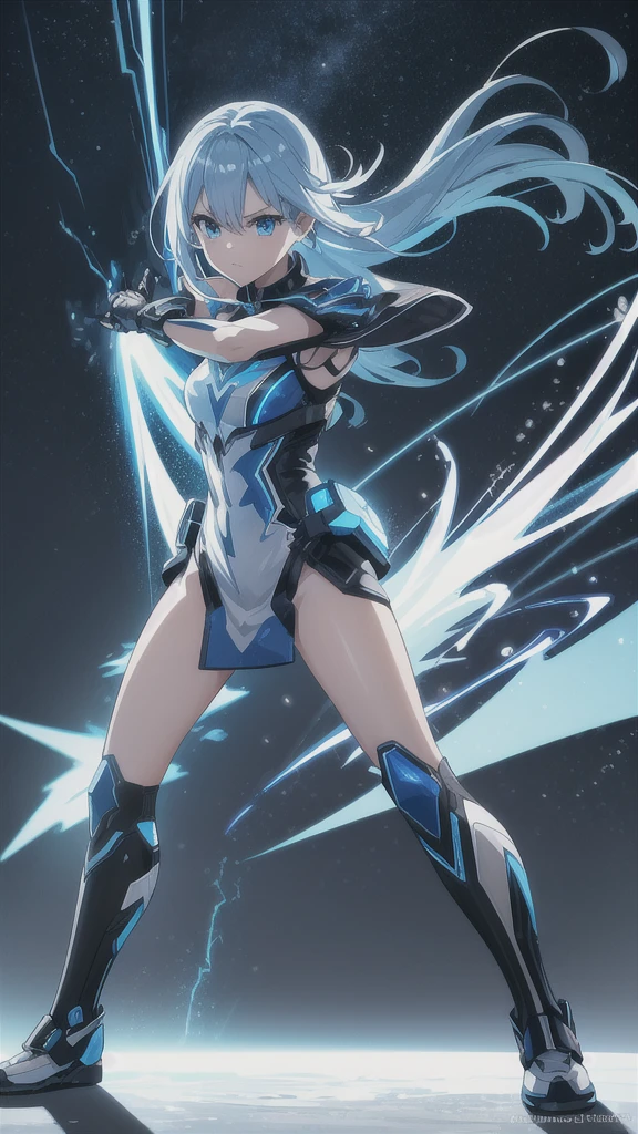 real、Lightning aura、Lightning Energy、Fighting Pose、Blue Hair、cyber punk、Thunder in the background、whole body、Lightning costume、Fighting face、High quality, Ultra detailed, best quality, insanely detailed, beautiful, masterpiece