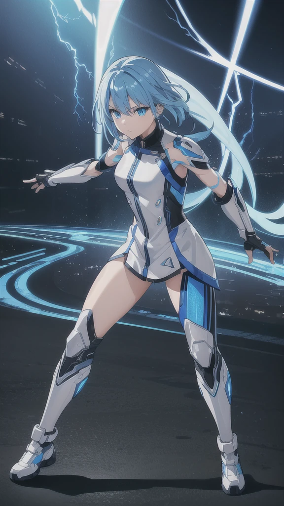 real、Lightning aura、Lightning Energy、Fighting Pose、Blue Hair、cyber punk、Thunder in the background、whole body、Lightning costume、Fighting face、High quality, Ultra detailed, best quality, insanely detailed, beautiful, masterpiece