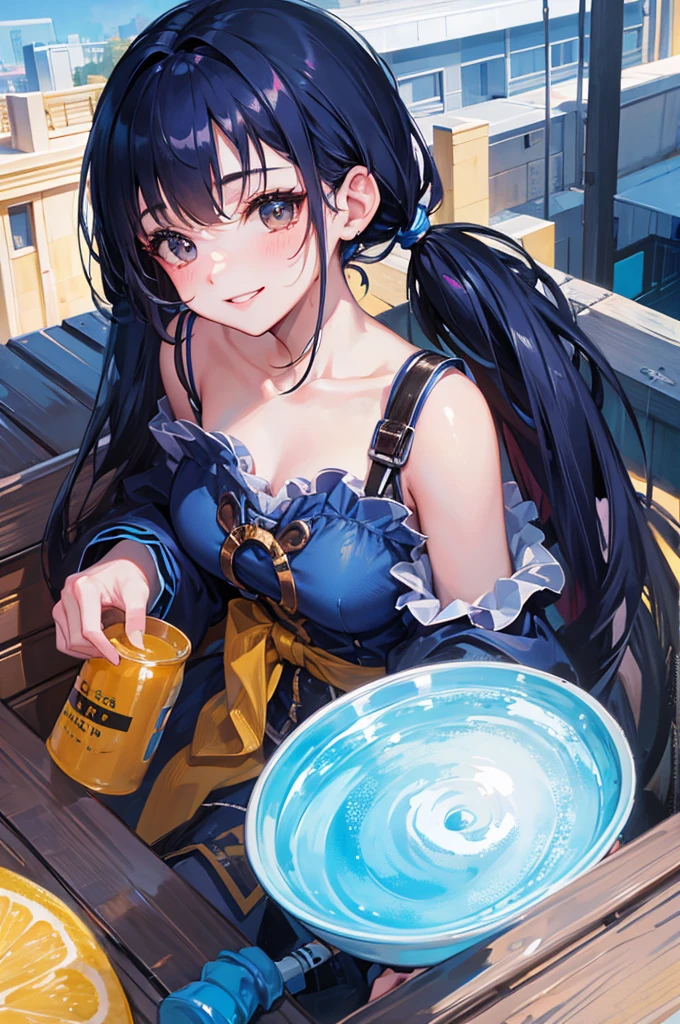 8K, Highest quality, masterpiece, Ultra-detailed、Blue Hair、Twin tails、full lips、Brown eyes、18Year-old beauty、Portrait、Rooftop、Smiling