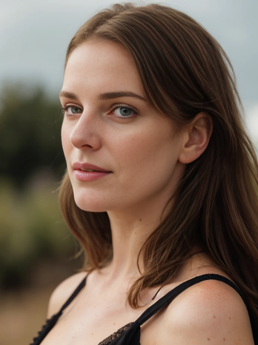Photo d'une belle fille de 23 ans , Porter a un décolleté(robe de porcelaine:1.3)is , brown-hair , Photographie de portrait, ssmile, regarder la caméra , Excellent lighting, to grow, (Deep Valley), Photo shoot, vest, (head of'artwork), la plus haute qualité, high resolution, Very detailed context, Skin full of pores, , cinema lighting completed