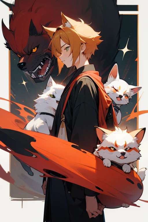 anime styling, cloth toy, with life, stopped, 3 images of front, back and side, Puppy, catboy, red fox
