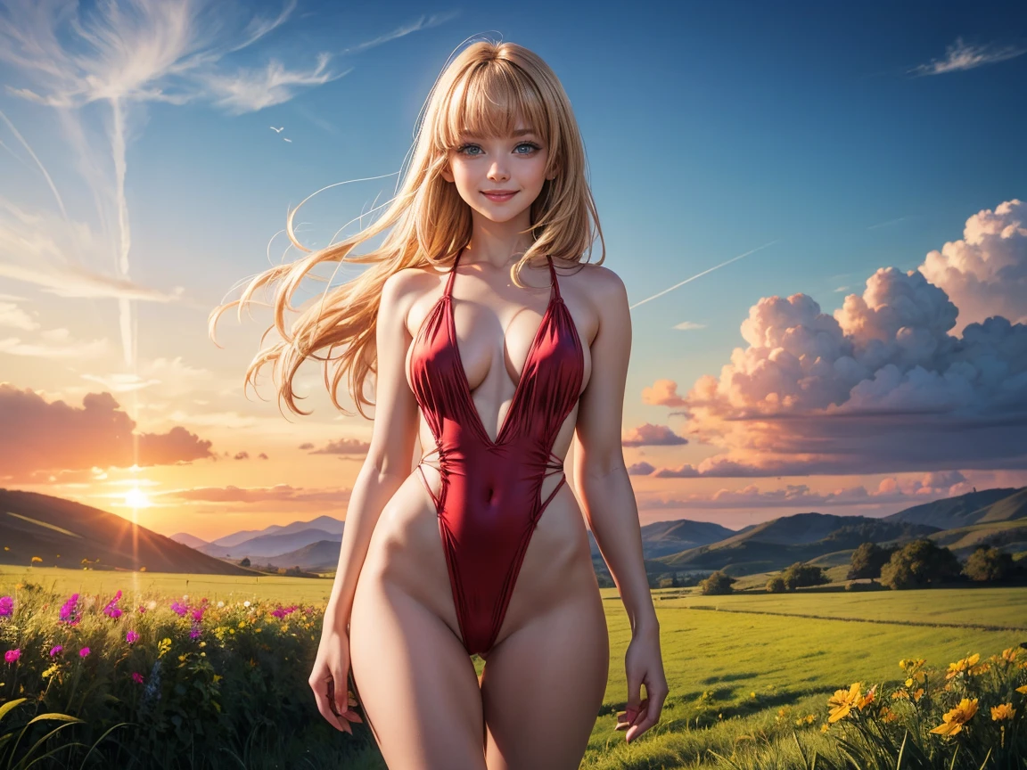 masterpiece, photorealistic:1.4, beautiful 22 year old woman,,, happy, smile, blue_eyes,   confident,  blond_hair, bangs, long_straight_hair, soft cinematic light,nsfw,   medium_breasts, extremely detailed artgerm, photorealistic perfect body,detailed skin,beautiful valley, fields, flowers, sky, clouds, sunset,  standing, thigh_gap, red_swimsuit