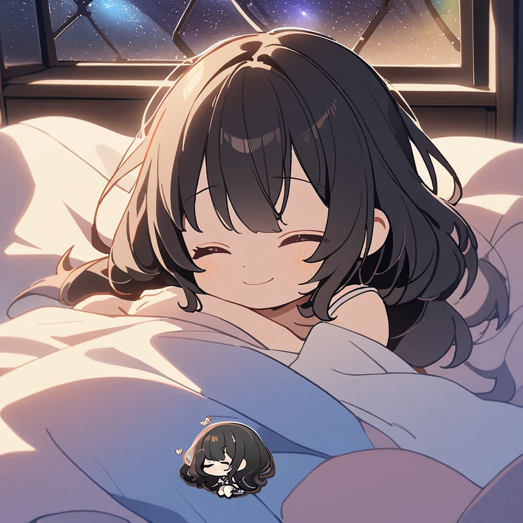 masterpiece、Highest quality、Depth of subject、２D illustration、1 beautiful girl、独奏, (((chibi style)))、cute chibi, lovely chibi, ((night)), ((window)), ((starry sky)), Long, beautiful hair、Shiny black hair、cute、Beautifully detailed eyes、((closed eyes))、((blanket))、((colorful))、Camisole dress、((happy smile))、sleeping on bed, ((close up shot))、((Asleep in bed)), ((in the room))、((There&#39;s a lot of pink around))、Thighs、((vivid color))、sparkle、((Lens flare))、