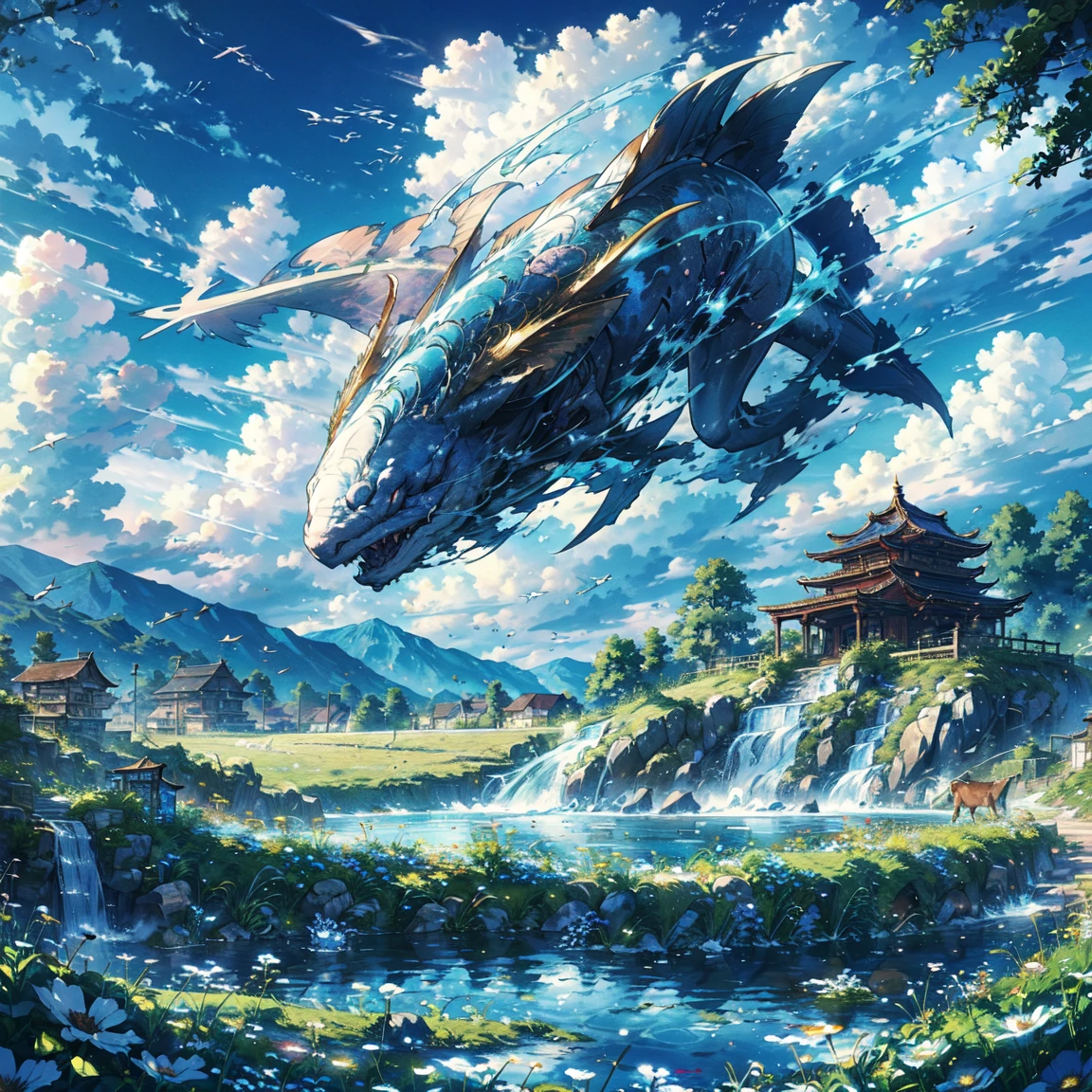 Leviathan flying in the blue sky,imagine,Peaceful day, Detailed Clouds, site, Grazing cattle, flower, Distant Houses, fence, wood,wonderful