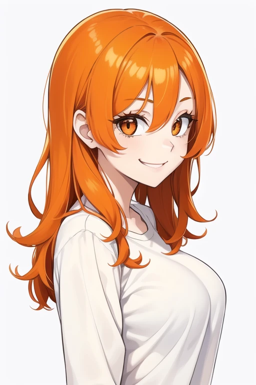 1 girl, Alone, Upper part of the body,
Orange hair, wide,
orange eyes, long eyelashes, thick eyelashes, looking at the viewer,
SMILE,
White shirt,
White background, simple background,