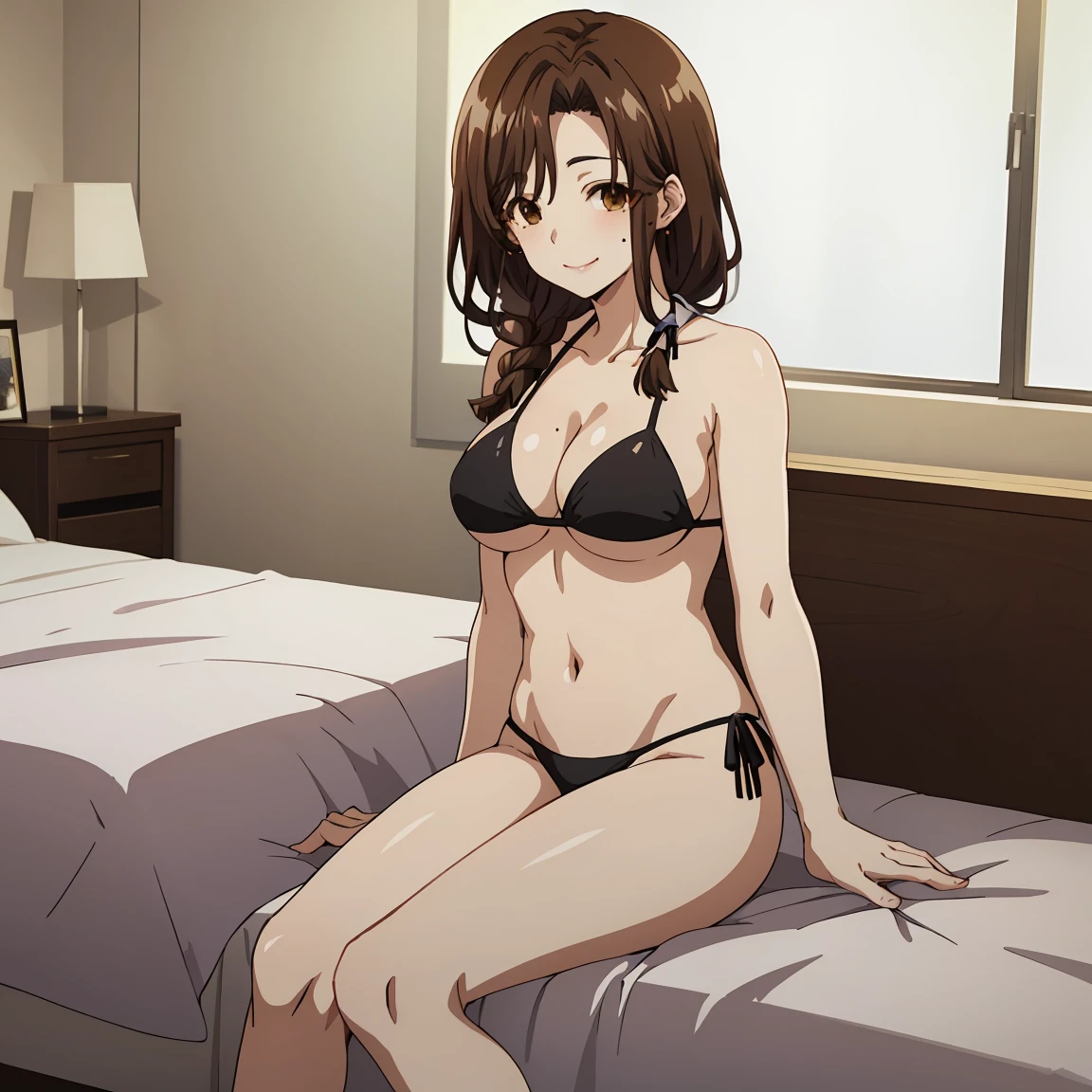 solo , masterpiece , high quality, mature female, mature, adult, airi gotou, long hair, brown hair, (brown eyes:1.5), braid, mole, mole under eye, hair over shoulder, mature female, smile collarbone , , large breasts, closed mouth,  black bikini , very long hair,   bedroom , looking at viewer , sexy pose