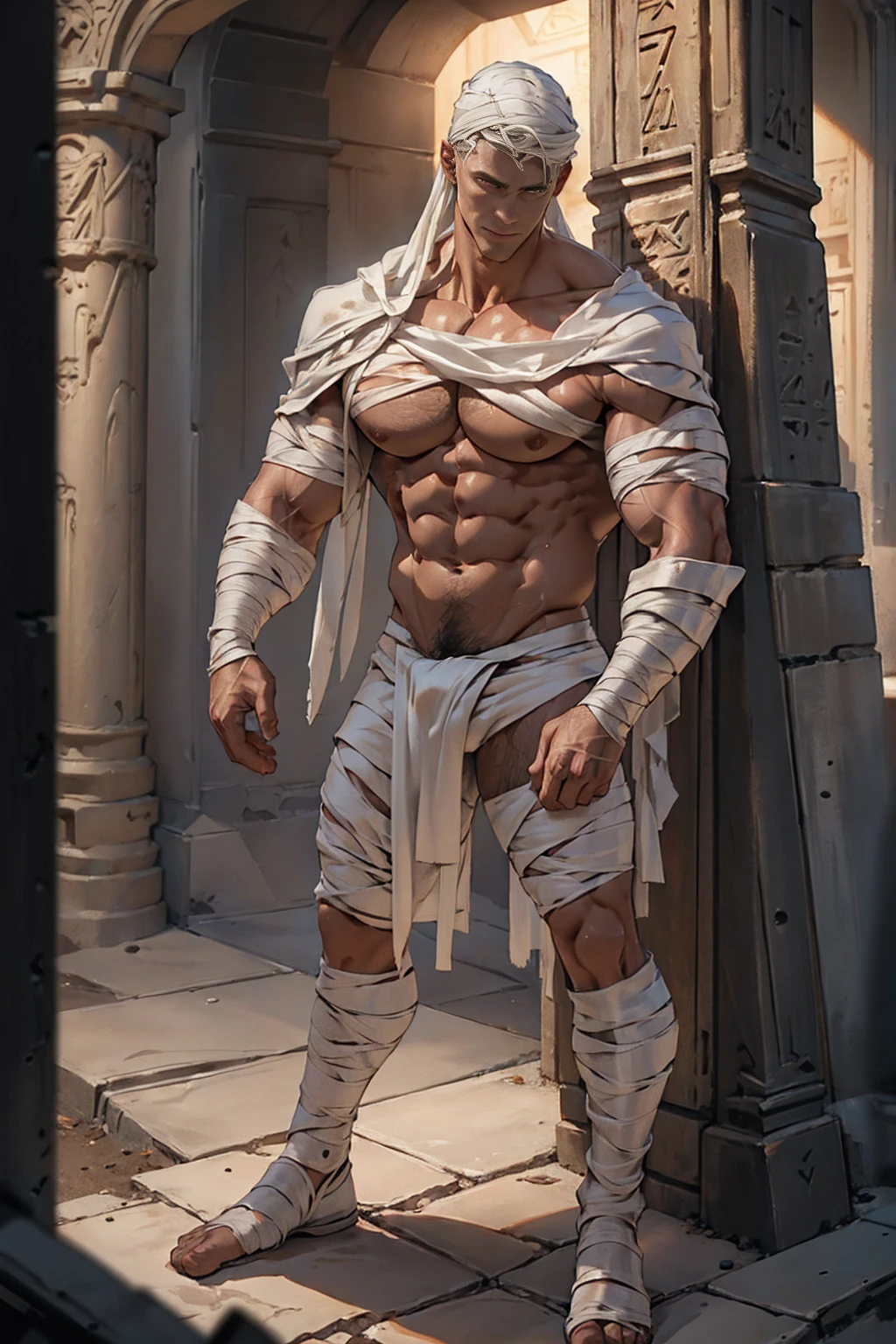Photorealistic, ((best quality)), ((masterpiece)), (detailed), horror masculine portrait of adult model dressed up as a mummy, 50-year-old male model, evil look, dark look, powerful, mature face, sport body,slim and tall body, wearing Camouflage big bulging underwear, wearing military boots,He was standing in a shed in the army barracks., big muscular chest, sexy pose ,perfect , male , correct male scrotum, perfect scrotum, male structure, short detailed hair, Sexy guy, looking at viewer, highest detail, superior quality, natural lighting, beautiful, sexy, correct anatomy, good composition, man focus,amazing composition, front view, HDR, volumetric lighting, ultra quality, elegant,vpl,the middle of the picture,Fujifilm XT3 photorealistic art by midjourney,(Best quality, 8k, Masterpiece).,highest detail, superior quality, natural lighting,realistic shapes, realistic skin tones,Natural eyes,realistic eyes,Open your eyes,Have chest hair, Have belly hair, Have pubic hair, antique mummy bandages, mummy costume, egyptian ruins, (Sarcophagus:1.4), 8k, high detailed, ultra-detailed, Stylish Pose, real skin texture, dark cinematic lighting, night, dark night,Fujifilm XT3 photorealistic art by midjourney