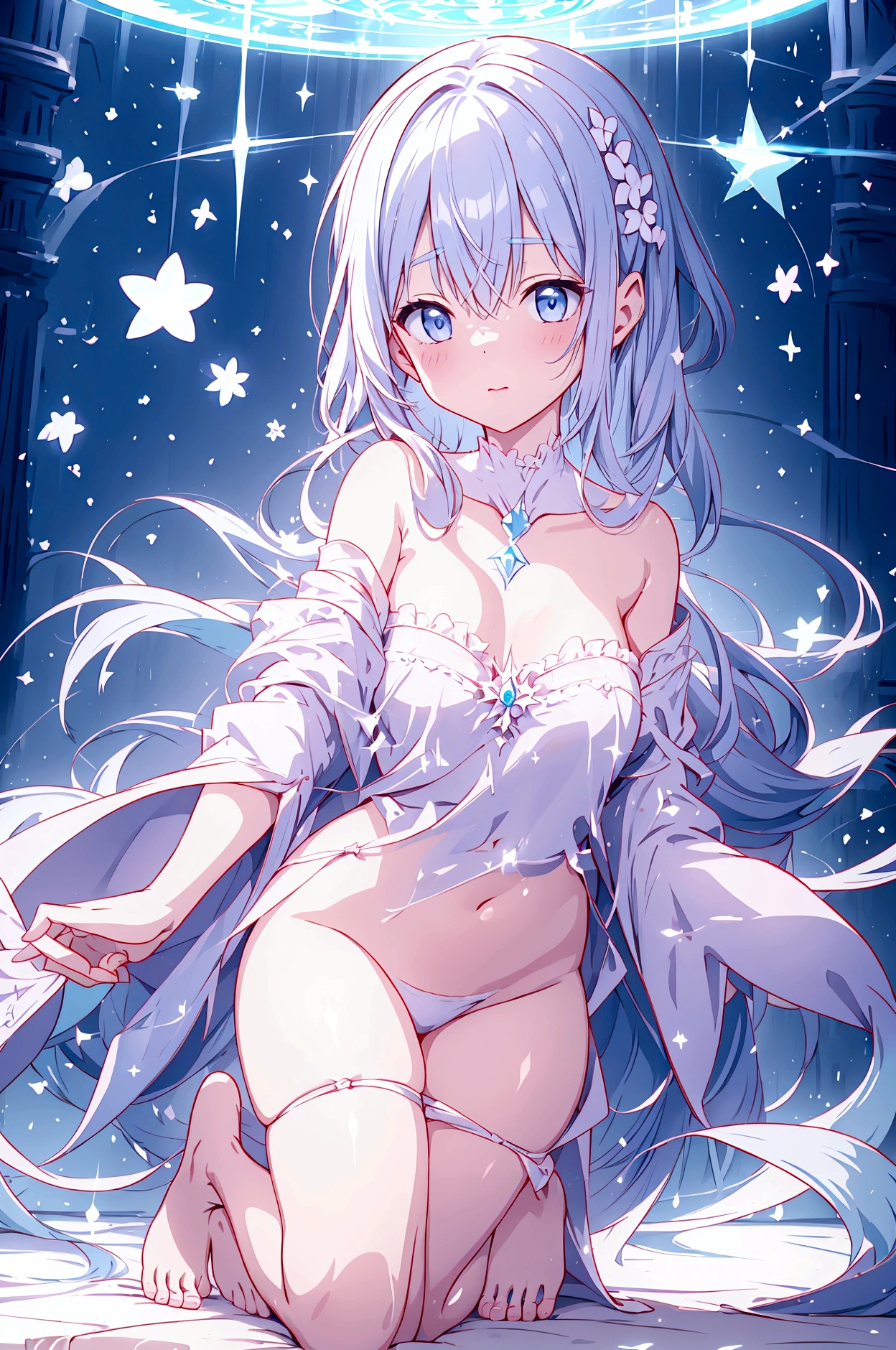 Naked and wearing a magical robe、Big are visible、Pure white magic robe、Cute frilly light blue underwear、barefoot、Magic wand