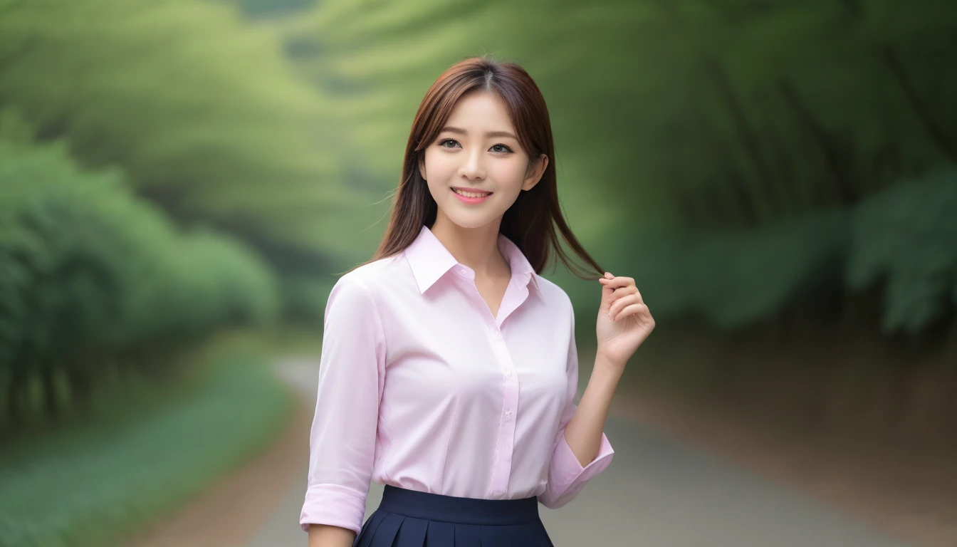 8K, Ultra-high resolution, Highest quality, masterpiece, 三分割法によるphotograph,Surreal, photograph, 1 girl, (:1.3), pretty girl, Cute face, Beautiful eyes in every detail, 細かくdetailedに,masterpiece,, One Girl:1.2, Japan Female Announcer,whole body,Young Wife,Pale pink collared shirt,Country Road,Looking up at the sky,profile,Pencil Skirt、Full of cleanliness,A carefree smile,Healing the heart,Semi-long layered hair,Looking at the audience、beauty,Long neck、Laugh a little、Please close your mouth and laugh、(((Ideal body type))),A-cup small breasts :2,、Portraiture:2、Perfect Anatomy、鮮明なdetailed、detailed、Surreal、Light and shadow,Strong light