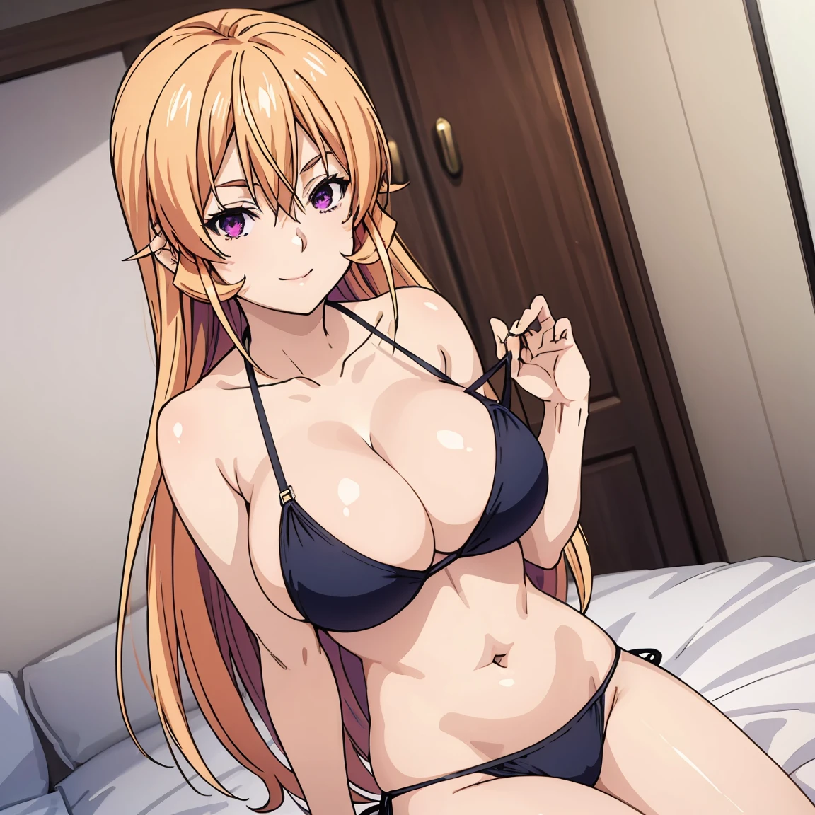 solo , masterpiece , high quality, mature female, mature, adult, Erina_Prodigy, wide hips , busty , big breasts , milf , 1girl, long hair, solo, breasts, purple eyes, looking at viewer, cleavage, showing off body , showing body in sexy manner , smile, blonde hair, collarbone , bangs, large breasts, closed mouth, hair between eyes, black bikini , very long hair, bedroom , looking at viewer ,