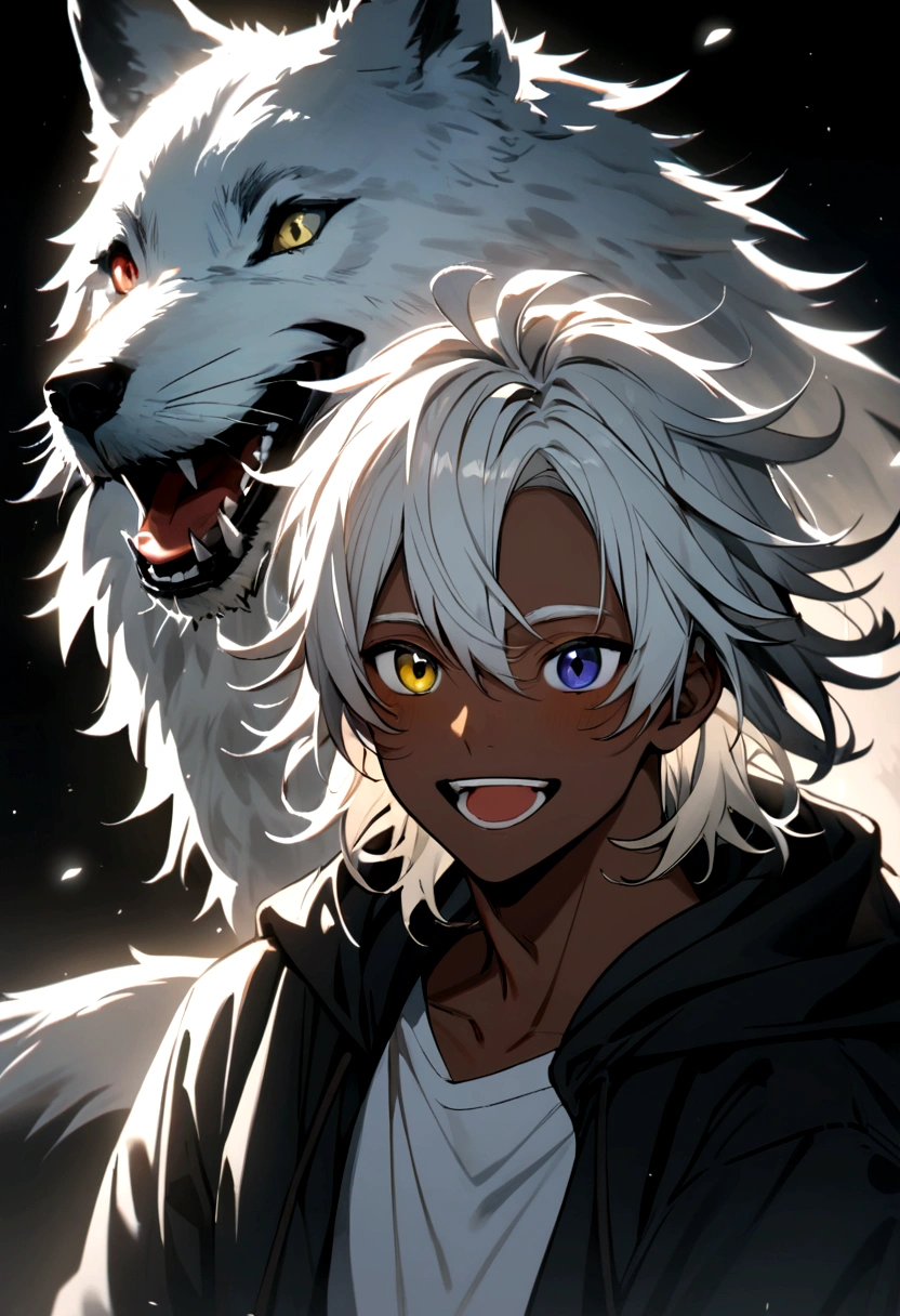white  shirt, wearing a black hoodie , yellow and black eyes heterochromia , Joyful expression, Messy hair , Medium length hair , 1 men , multicolored black and white hair , two tone hair , dark skin color, next to a wolf 