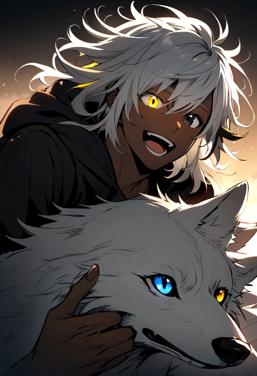 white shirt, wearing a black hoodie , yellow and black eyes heterochromia , Joyful expression, Messy hair , Medium length hair , 1 men , multicolored black and white hair , two tone hair , dark skin color, next to a wolf