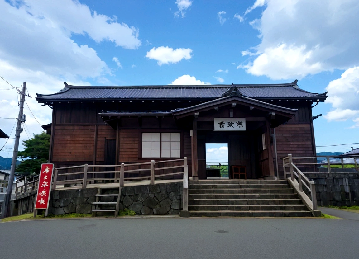 There is a small wooden building with metal railings and stairs, Preserved history, omina tachibana, kintsukuroi, Gunma Prefecture, Hakusensha, This demon, momoshiki ōtsutsuki, Ibaraki Prefecture, Yoseharu Agotoge, Shogakukan, old buildings, kantoku, By Oz Kanaoka, High Definition Watercolor 8k Relaxed and Calm Atmosphere, artgasm, High Definition Background, Lo-fi Art Style, Chill Hop, Shiny Digital Painting, Lofi Color, Official Artwork, 16:9