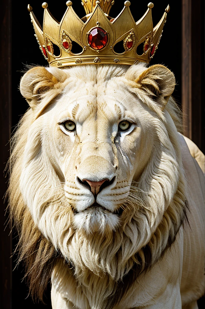 Paint the face of a white lion wearing a golden crown and a red king's robe
