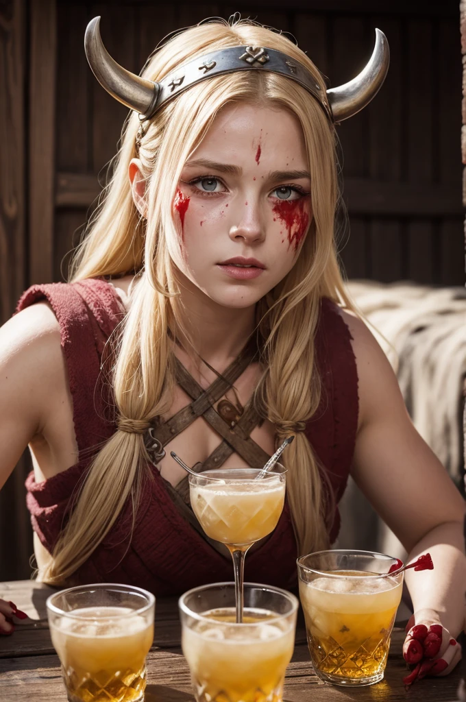 (Viking)(barbarian)(drinking mead)(with blood on her faces)