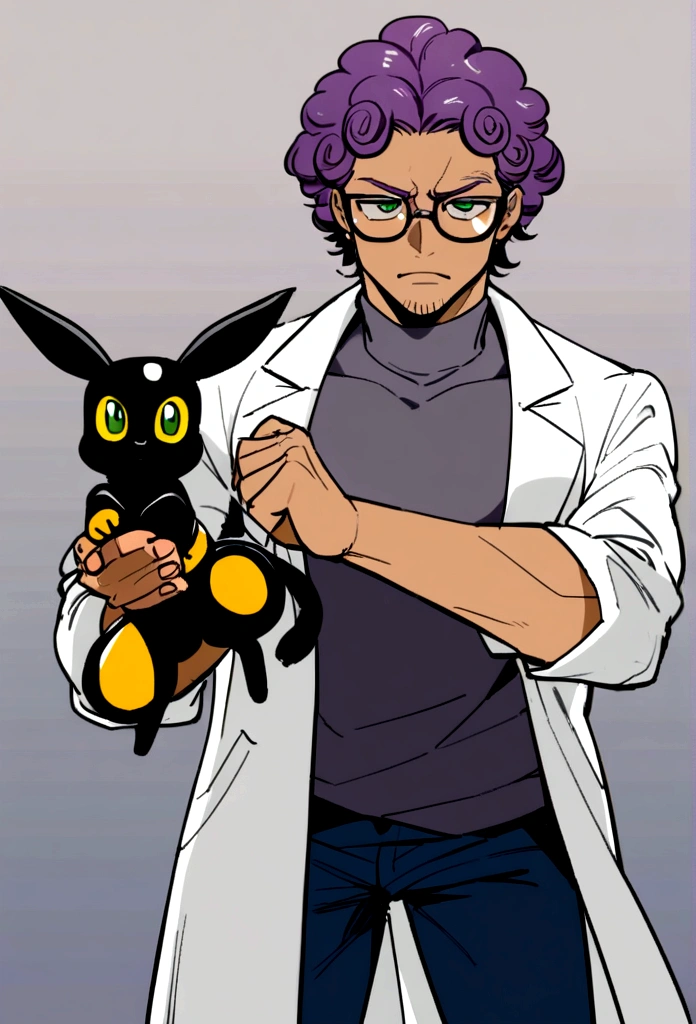 1man, 20s, strong body, latin, chin stubble, square face, tan skin, ((purple curly fluffy hair)), medium lenght hair, ((green eyes)), cool facial expression, (nice hands),  (grey turtleneck), lab coat, spectacles, jeans, sandals [pose with body turned in profile looking at viewer], determined facial expression, simple backgroun, accompanied by an Umbreon