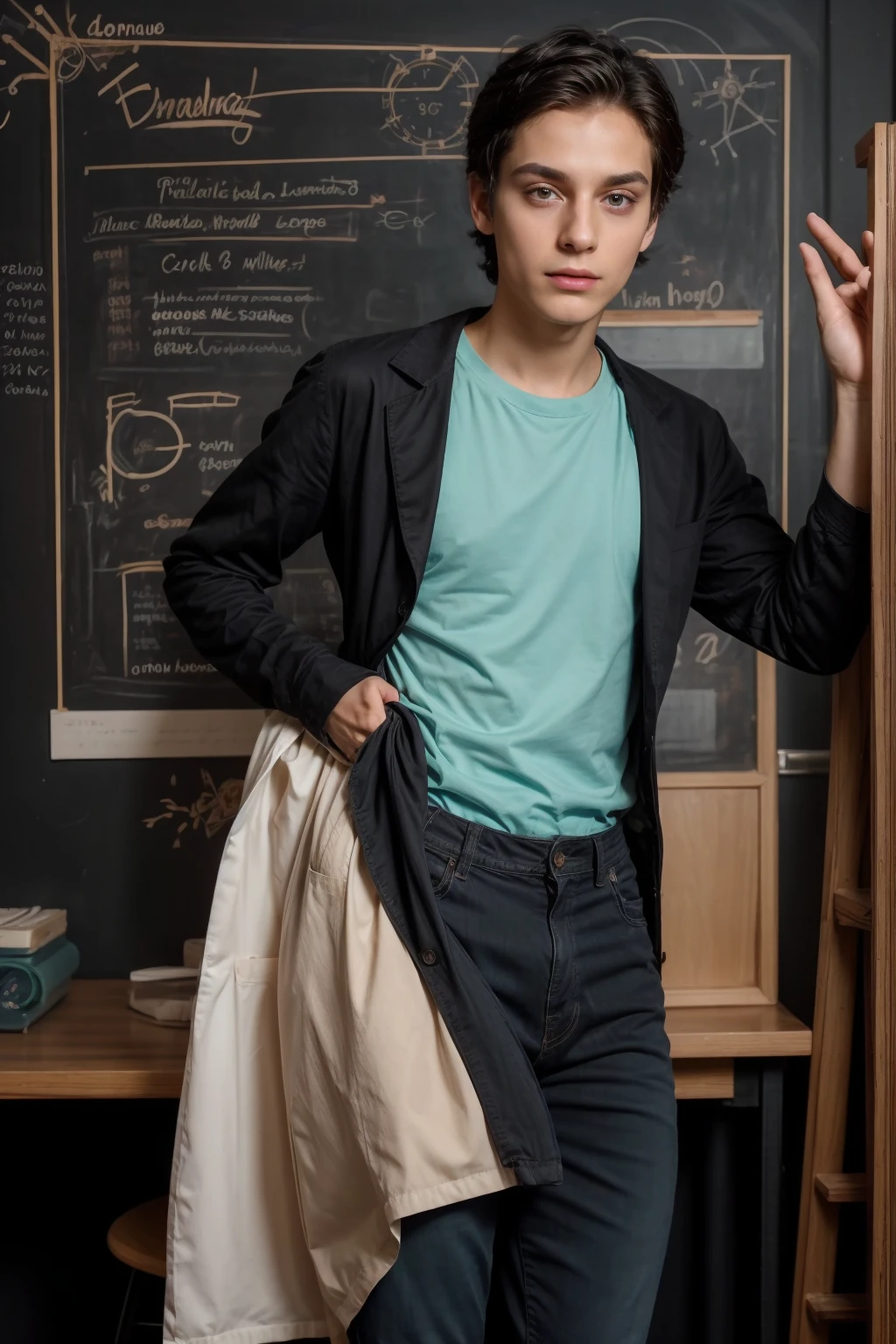 A young beautiful doctor, a twink, a cute male, with a face with make-up on, and he is wearing a long-sleeved aquamarine shirt and black jeans. He is in his luxurious scientific office, and behind him is a blackboard on which neurons and calculus are written, and he looks in A beautiful young twink, cute male, with black hair and a face with makeup. He is wearing a long-sleeved aquamarine shirt and black jeans. He is in his luxurious scientific office, and behind him is a blackboard with neurons and calculus written on it, and he looks in amazement and shock with his eyes beneath it. Dark circles and shock, and his eyes have dark circles underneath them, and he is there. Black hair and a red face with makeup