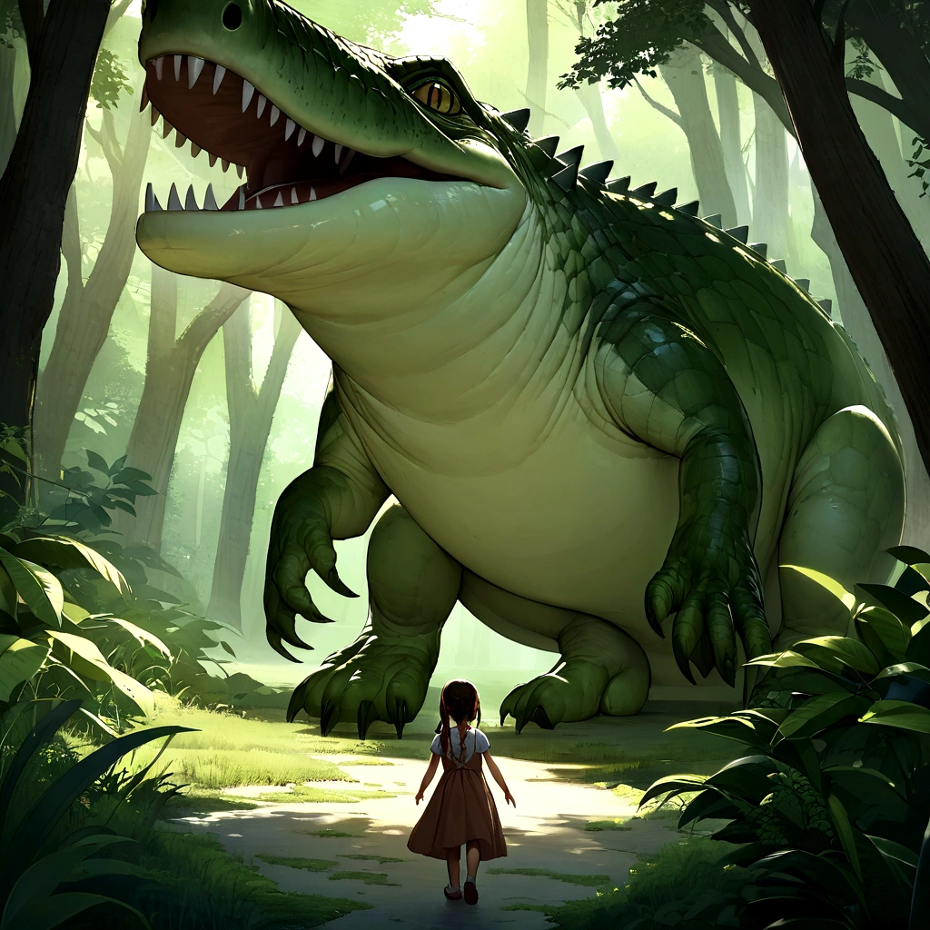 Develop an extraordinarily realistic and cinematic visual representation that captures the energy and emotion of a magical scene, where a joyfuly malay (young girl) runs freely through a lush forest ,lake, while playfully interacting with a majestic big crocodile. In the image, the soft light filtered through the treetops illuminates the forest canopy, creating a charming play of light and shadow around them. The radiant expression on the girl's face reflects pure joy and a sense of adventure, while the crocodile conveys an affectionate tenderness in its movements and gentle gazes. Meticulous details, from the textures of the trees and the moss on the ground to the fluid movements of the girl and the crocodile, are skillfully designed to convey the beauty and harmony of the interaction between nature and the innocence of childhood