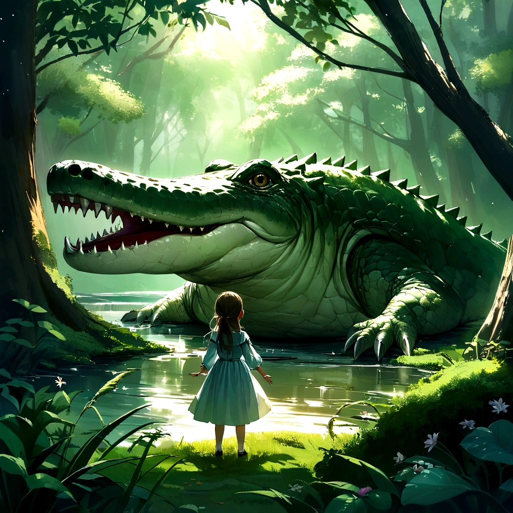 Develop an extraordinarily realistic and cinematic visual representation that captures the energy and emotion of a magical scene, where a joyfuly malay (young girl) runs freely through a lush forest ,lake, while playfully interacting with a majestic big crocodile. In the image, the soft light filtered through the treetops illuminates the forest canopy, creating a charming play of light and shadow around them. The radiant expression on the girl's face reflects pure joy and a sense of adventure, while the crocodile conveys an affectionate tenderness in its movements and gentle gazes. Meticulous details, from the textures of the trees and the moss on the ground to the fluid movements of the girl and the crocodile, are skillfully designed to convey the beauty and harmony of the interaction between nature and the innocence of childhood