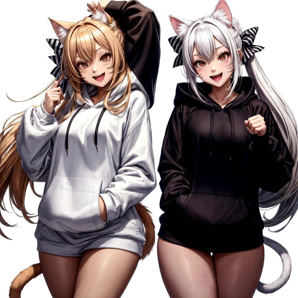 score_9, score_8_up, source_anime, CheshireMGE, two-tone hair, long hair, hair bow, cat paws, facial mark, striped tail, smile, open mouth, white hoodie, long sleeves, oversized hoodie, bottomless, thick thighs, v, simple background, white background,
