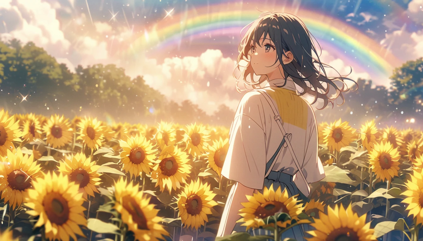 Sunflower field after the rain、Yellow flowers and sparkly rainbow background、Cinematic
