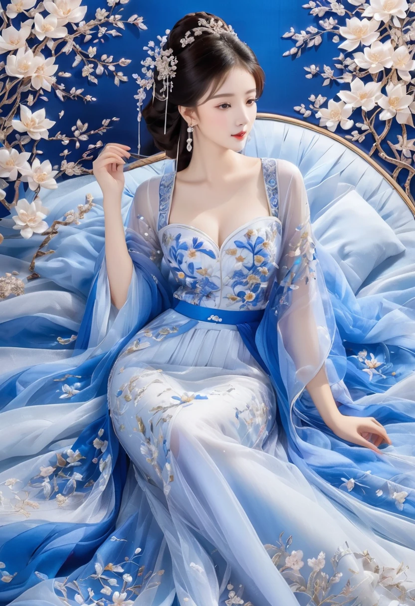 embroidery,Three-dimensional embroidery,(A picture of blue ornate Suzhou embroidery hangs on the wall),blue-white petals, Silk material embroidery, Inspired by Yao Jianping’s dream of Su embroidery works,translucent,abundant cleavage,painting on silk, alcohol ink art