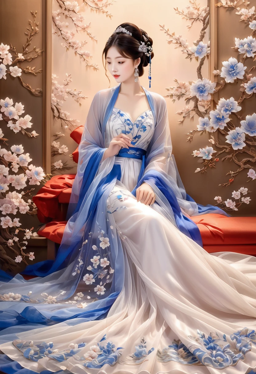 embroidery，Three-dimensional embroidery，(A picture of blue ornate Suzhou embroidery hangs on the wall）,blue-white petals, Silk material embroidery, Inspired by Yao Jianping’s dream of Su embroidery works，translucent，abundant cleavage,painting on silk, alcohol ink art