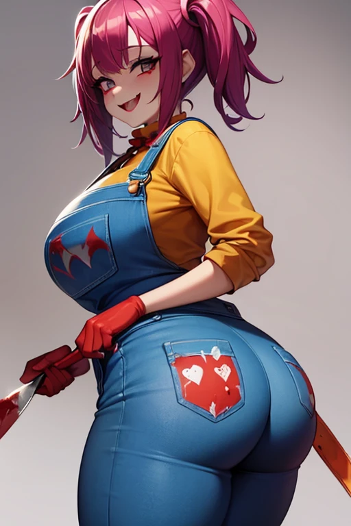 Woman dressed as a clown in overalls face painted like a clown with a big psycho smile and blood on her face with a knife in her hand and with a fat butt and chubby thighs