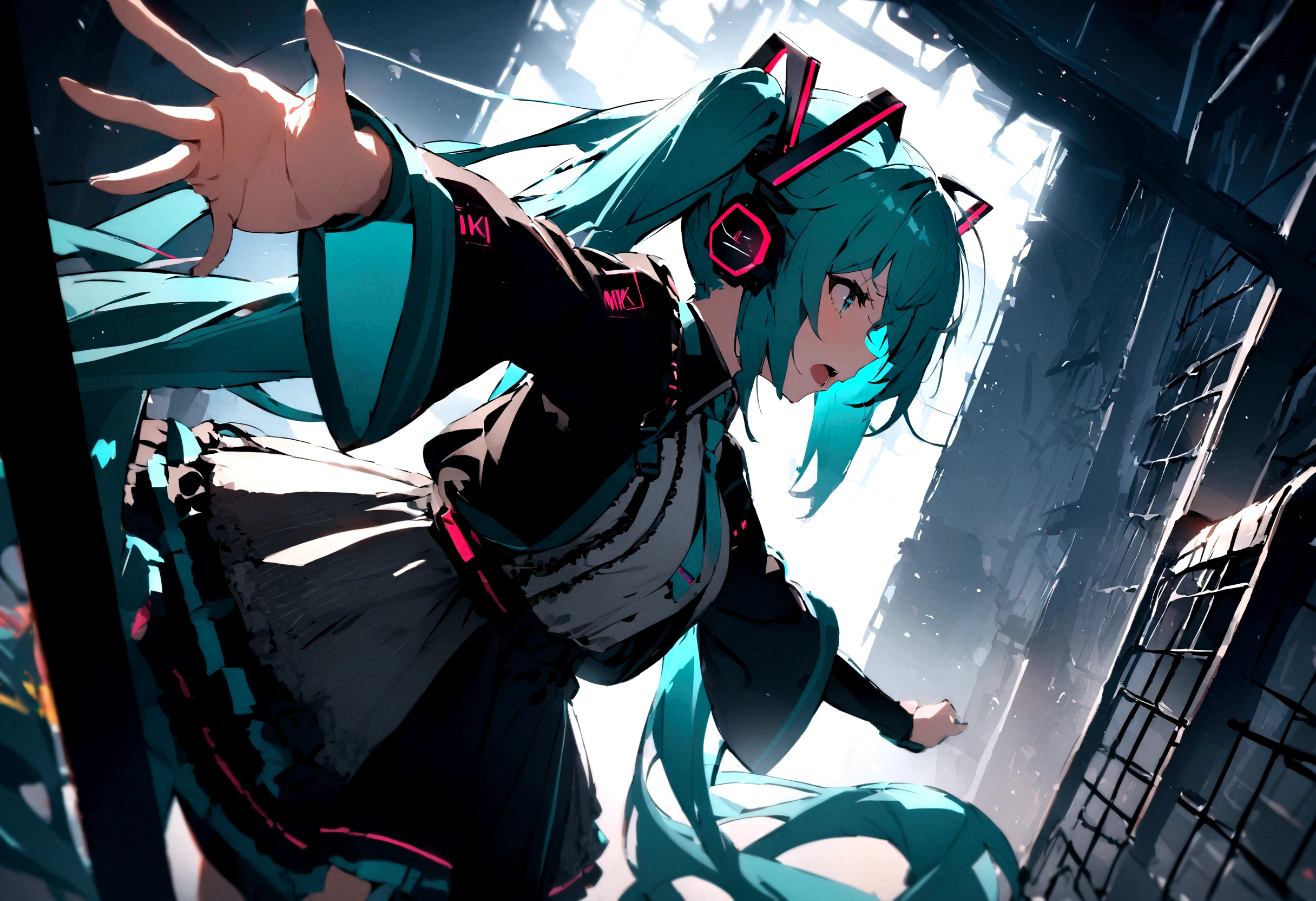 From the side、shout、sing、(((​masterpiece, hatsune miku, vocaloid, Super detailed、Digital Cage、Reaching out、Sad、shout、aloud、