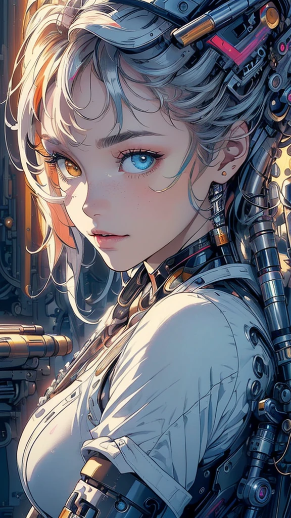(((masterpiece, highest quality))),(((solo:1.2))),(((1girl:1.2))),32k wallpaper, very detailed,(((((portfolio))))),(((((Close-up))))),(((((bust up))))),((((((more various angle)))))),(((highlight))),((((heterochromia)))),(((complete. detailed face))),((((Extremely talented)))),(((((most complicated machine))))),(((genius mechanic))),((Overall colorfully)),(((cyborg))),((big breast))